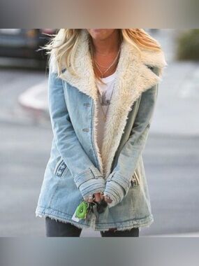 ASO Selena Gomez Free People Light Blue Denim Jacket with Cream Sherpa Collar